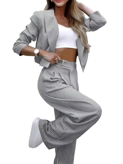 Gray pinstripe co-ord blazer and trouser set – close-up of vertical pinstripe pattern and lapel construction