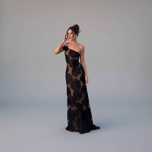 elegant black sheer floral maxi gown women


