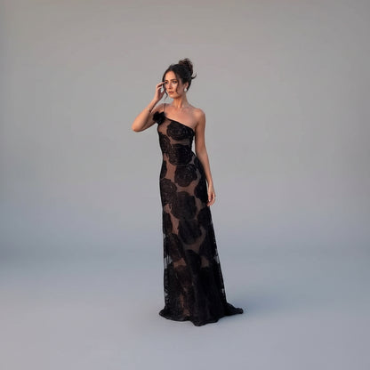 elegant black sheer floral maxi gown women

