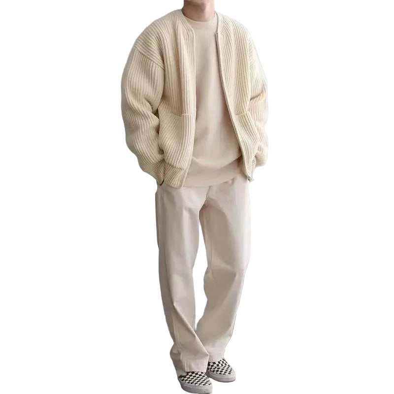 beige  zip-up ribbed knit cardigan with patch pockets on white background, full length view
