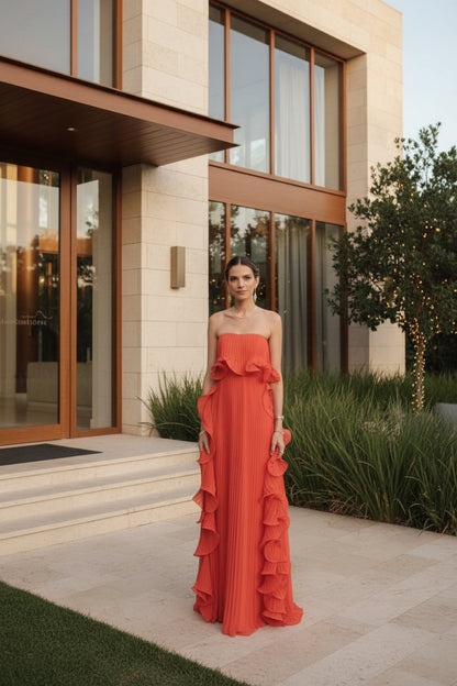 Women's strapless pleated ruffle maxi dress in orange  – full length front view, black tie evening wedding guest dress