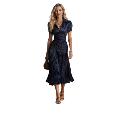 High-waisted A-line pleated shirt dress with asymmetric cut in  blue stripes
