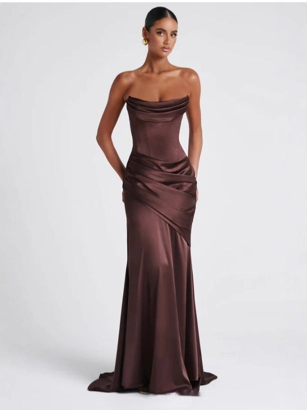 Brown mermaid dress back view - strapless tube top gown with flared skirt for prom

