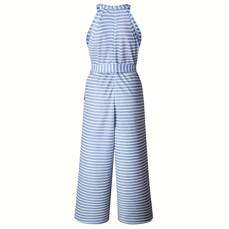 Striped wide leg jumpsuit with adjustable tie waist for custom fit

