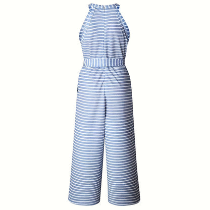 Striped wide leg jumpsuit with adjustable tie waist for custom fit


