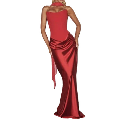 Front view of red off-shoulder slim-fit maxi dress with ribbon patchwork – fashion dress
