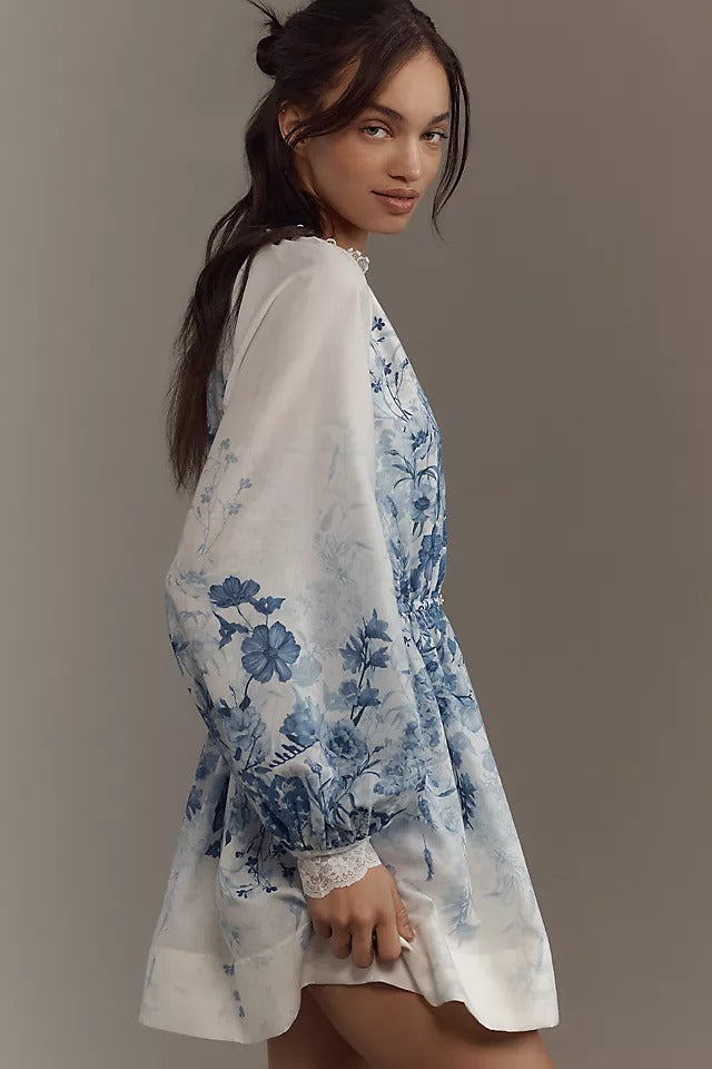 vintage floral balloon sleeve dress V-neck
