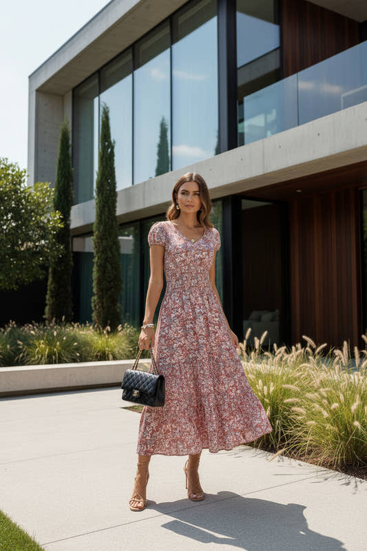 Front view of women's floral chiffon midi dress – V-neck elastic waist casual dress
