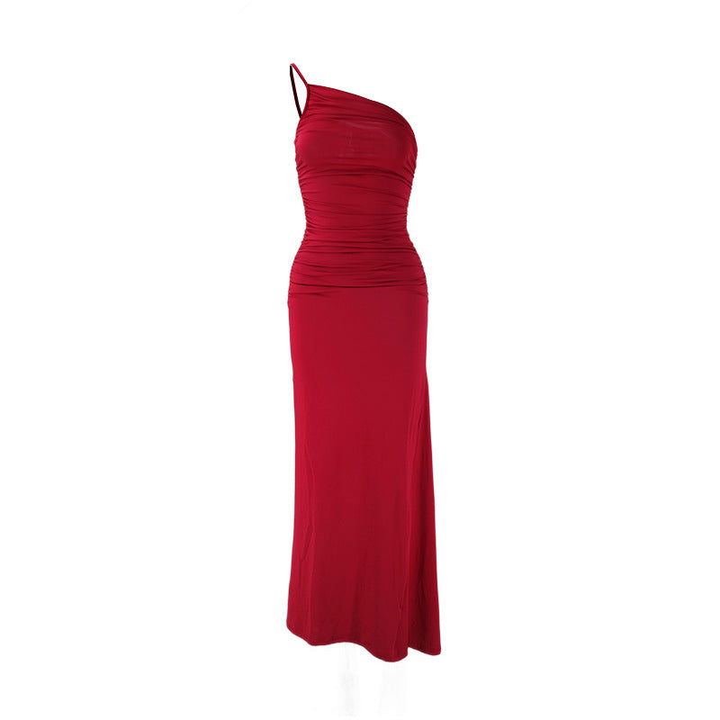 Wine red one shoulder dress - stretchy bodycon midi for cocktail party and events