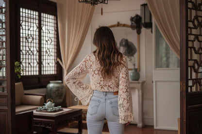 V-neck embroidered blouse semi-sheer long sleeve with floral lace details

