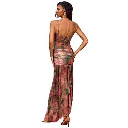 Floral digital print A-line dress in pink – back view showing slim waist and A-line silhouette
