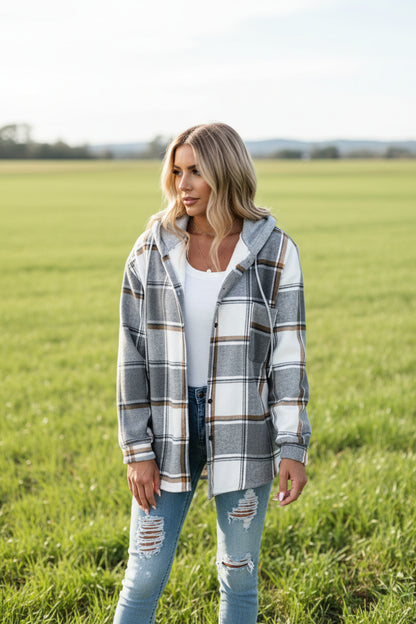 Princess sleeve plaid hooded coat in gray – close-up of collage stitching and plaid