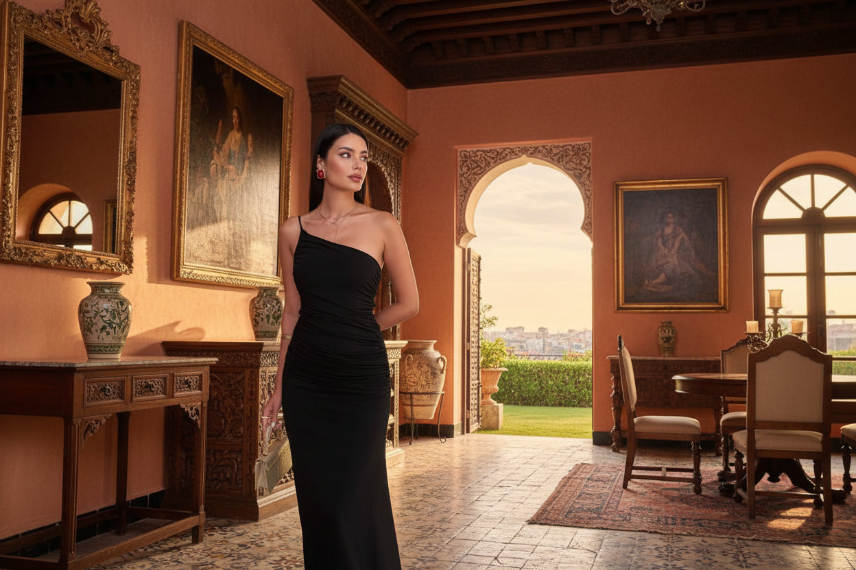 Black fitted midi dress - one shoulder bodycon with ruched detail for special occasions

