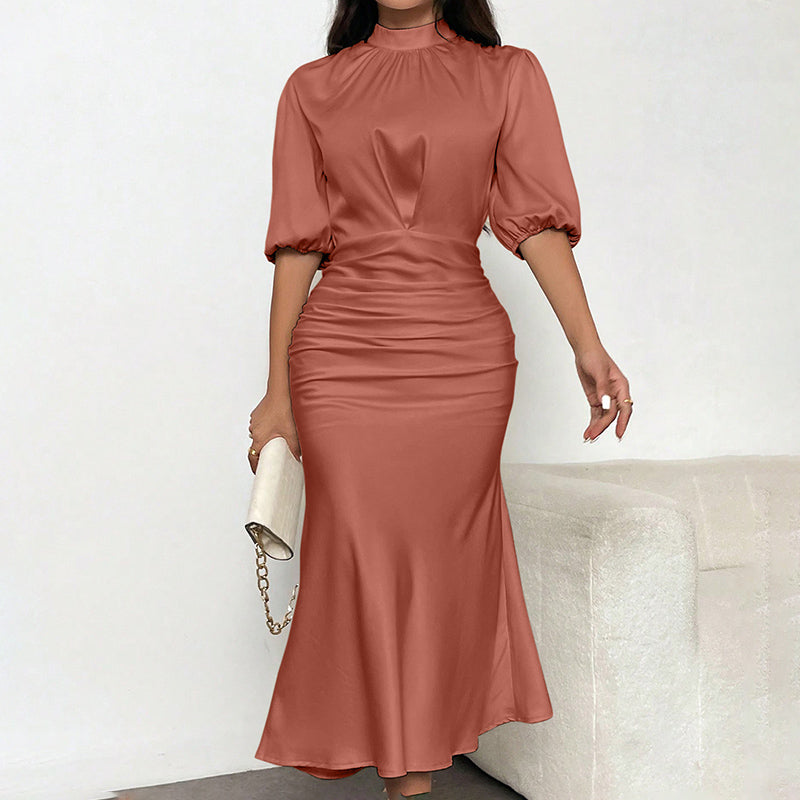 Ruched Satin Mock Neck Midi Dress – view 3