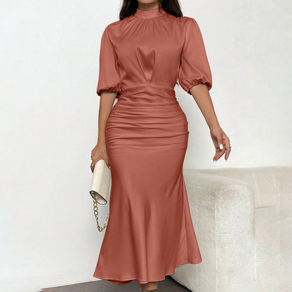 Ruched Satin Mock Neck Midi Dress