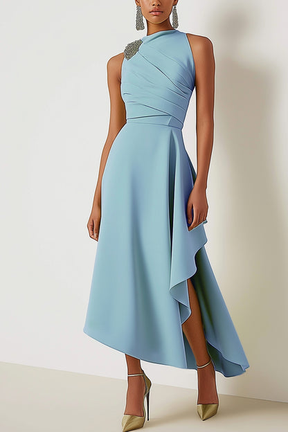 Sleeveless light blue  midi dress women wedding guest cocktail party

