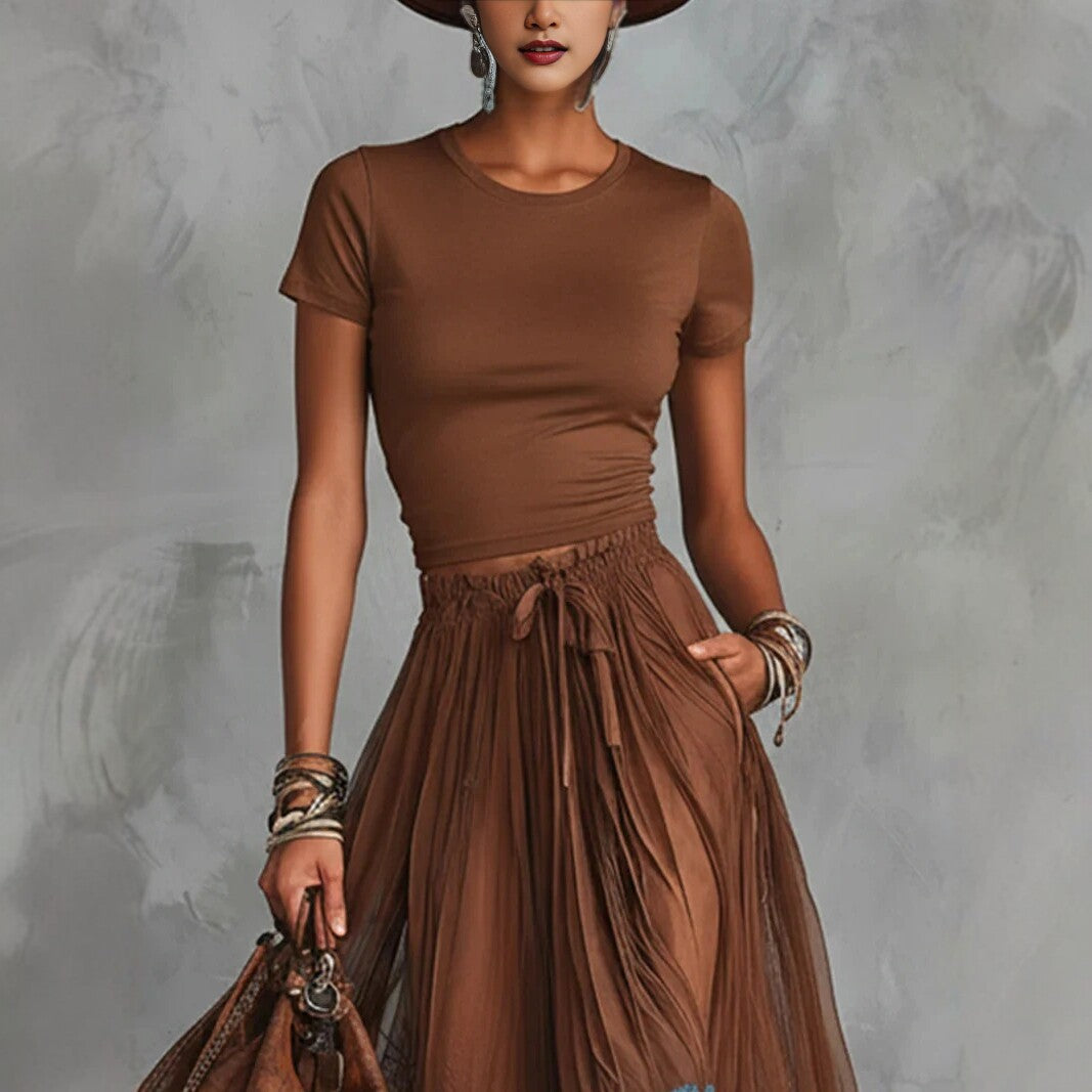 Short-sleeve Top And Lace-panel Midi Skirt Set