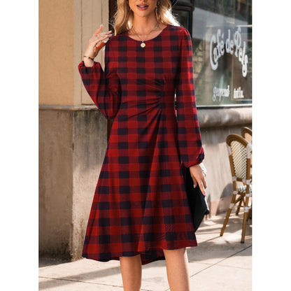 Long Sleeve Ruched Waist A-Line Dress