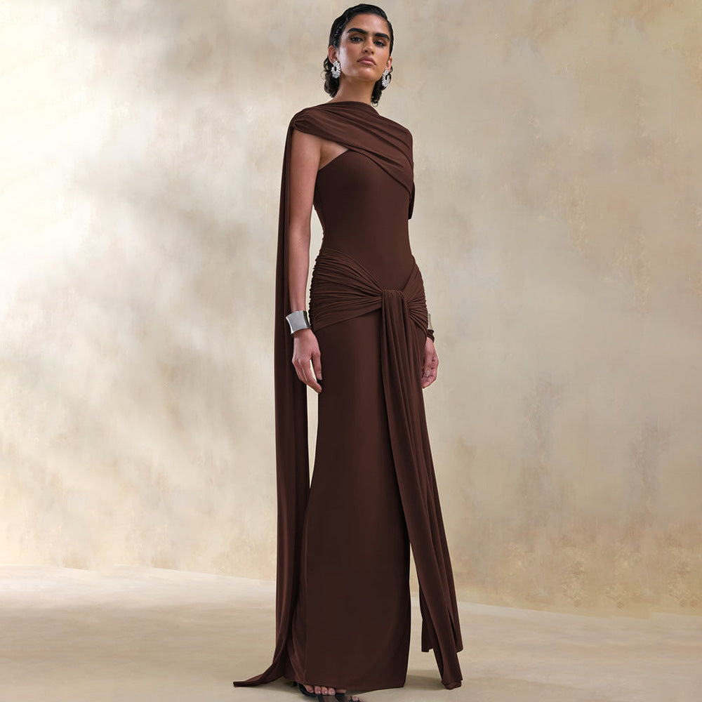 Draped Cape-Sleeve Column Maxi Dress – view 7