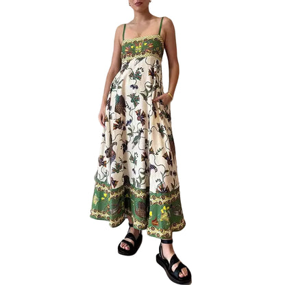 Spaghetti strap botanical print swing maxi dress in green and cream, front view`
