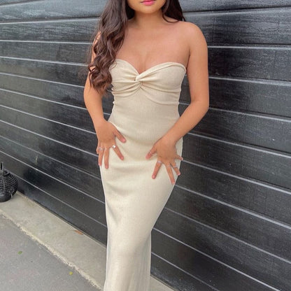 Twist-Front Strapless Knit Maxi Dress