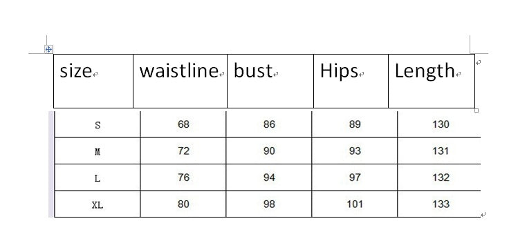 Measurement chart for clothing sizes S, M, L, XL with waistline, bust, hips, and length dimensions.
