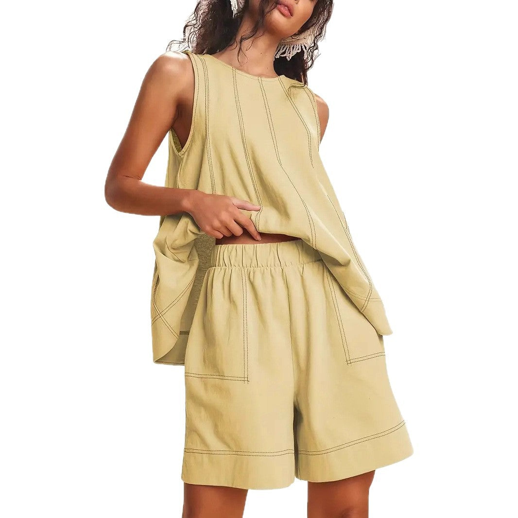 Solid color tank top and shorts set – flat lay showing all color options: black, blue, rose pink, light 