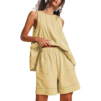Solid color tank top and shorts set – flat lay showing all color options: black, blue, rose pink, light 