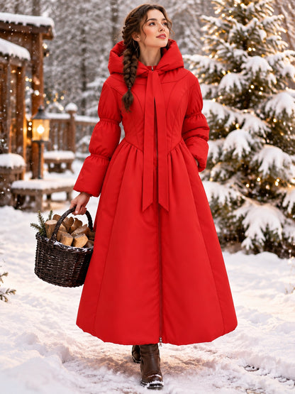 Hooded Quilted Maxi Coat with Bow Tie