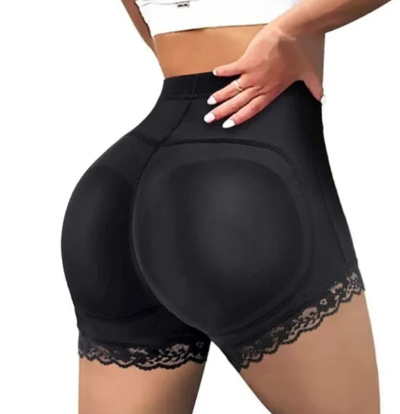 Seamless butt lifter shapewear in black with lace trim leg openings