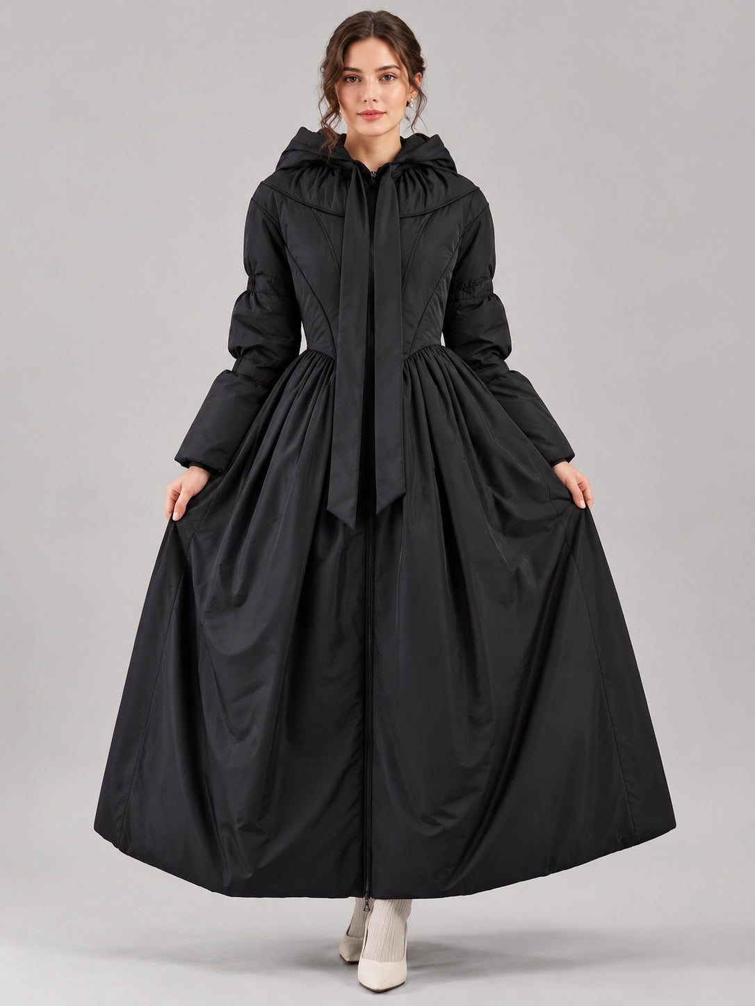 Hooded Quilted Maxi Coat with Bow Tie in Black