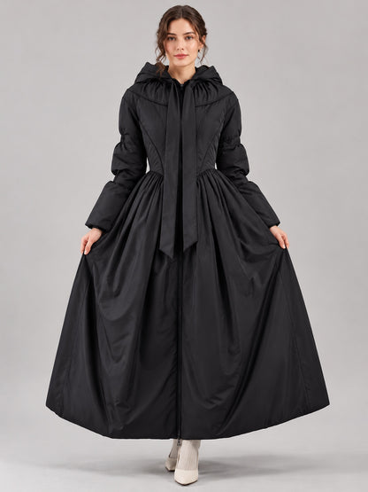 Hooded Quilted Maxi Coat with Bow Tie