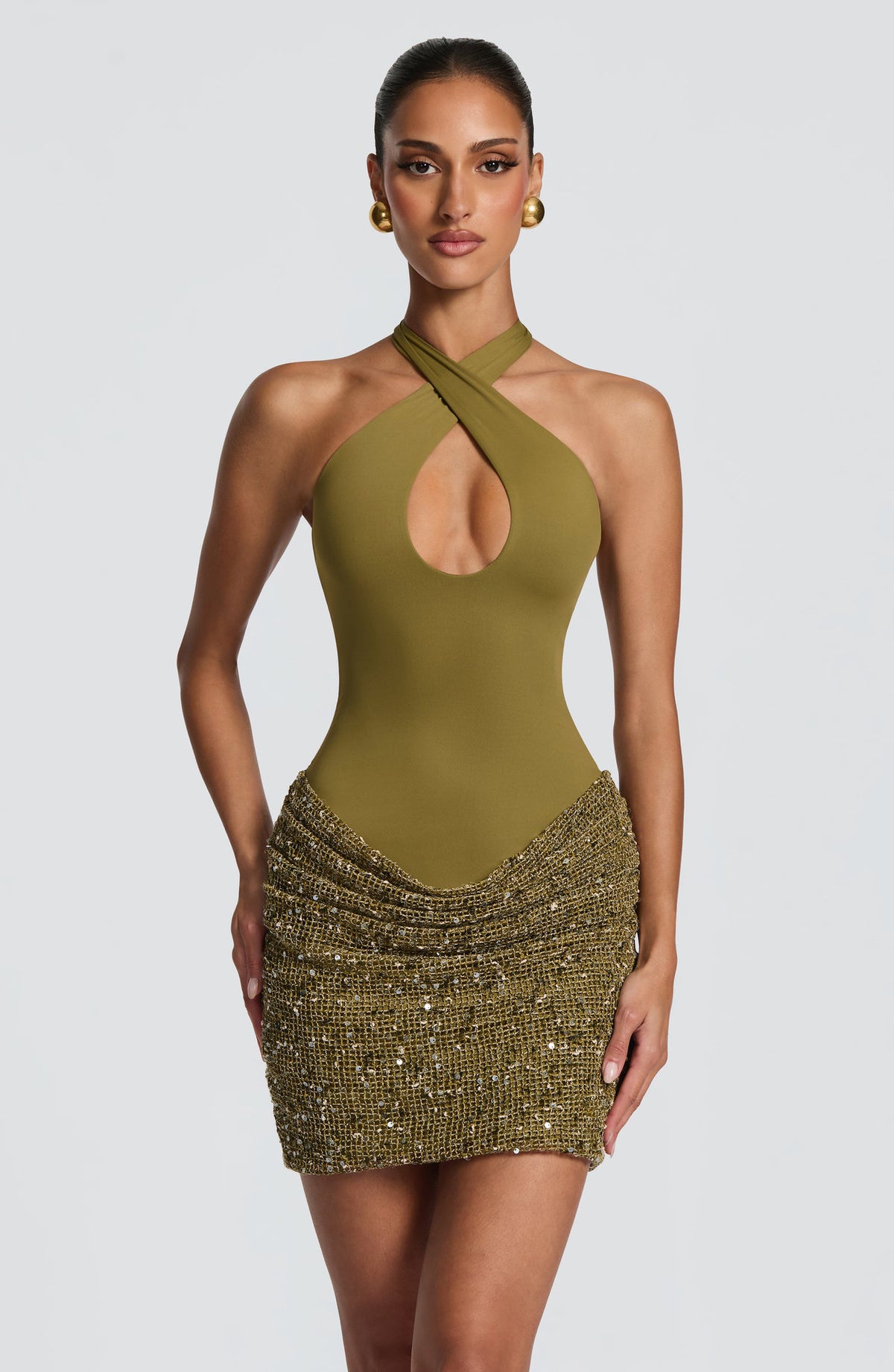 Sequin Skirt Cross-Halter Mini Dress in Olive