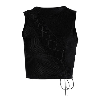 Black sleeveless top with geometric design 