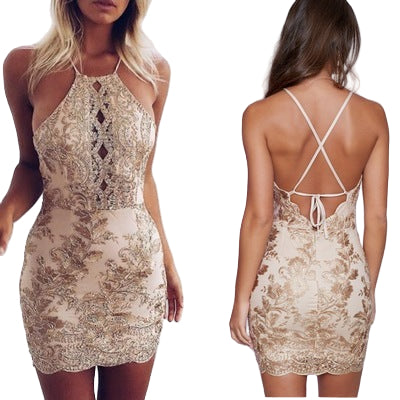 White halter cocktail dress featuring intricate lace embroidery details

