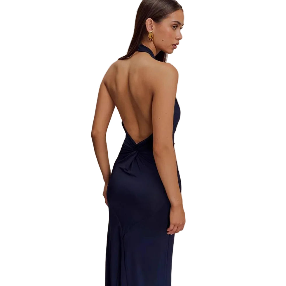 dark blue backless maxi dress - halter neck formal gown for special occasions

