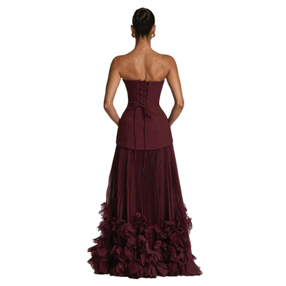 High-Waist Strapless Pleated Gown with Three-Dimensional Floral Petal Appliqué at Hem

