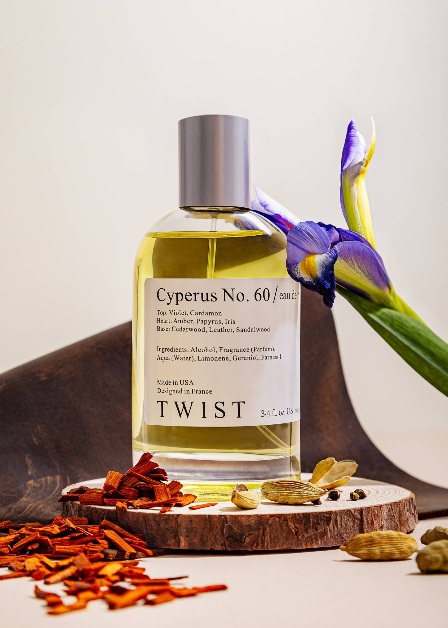 Unisex woody eau de parfum featuring cardamom and iris accords

