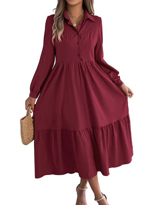 Ruffle hem shirt maxi dress in burgundy – front view showing lapel collar and long sleeve relaxed fit
