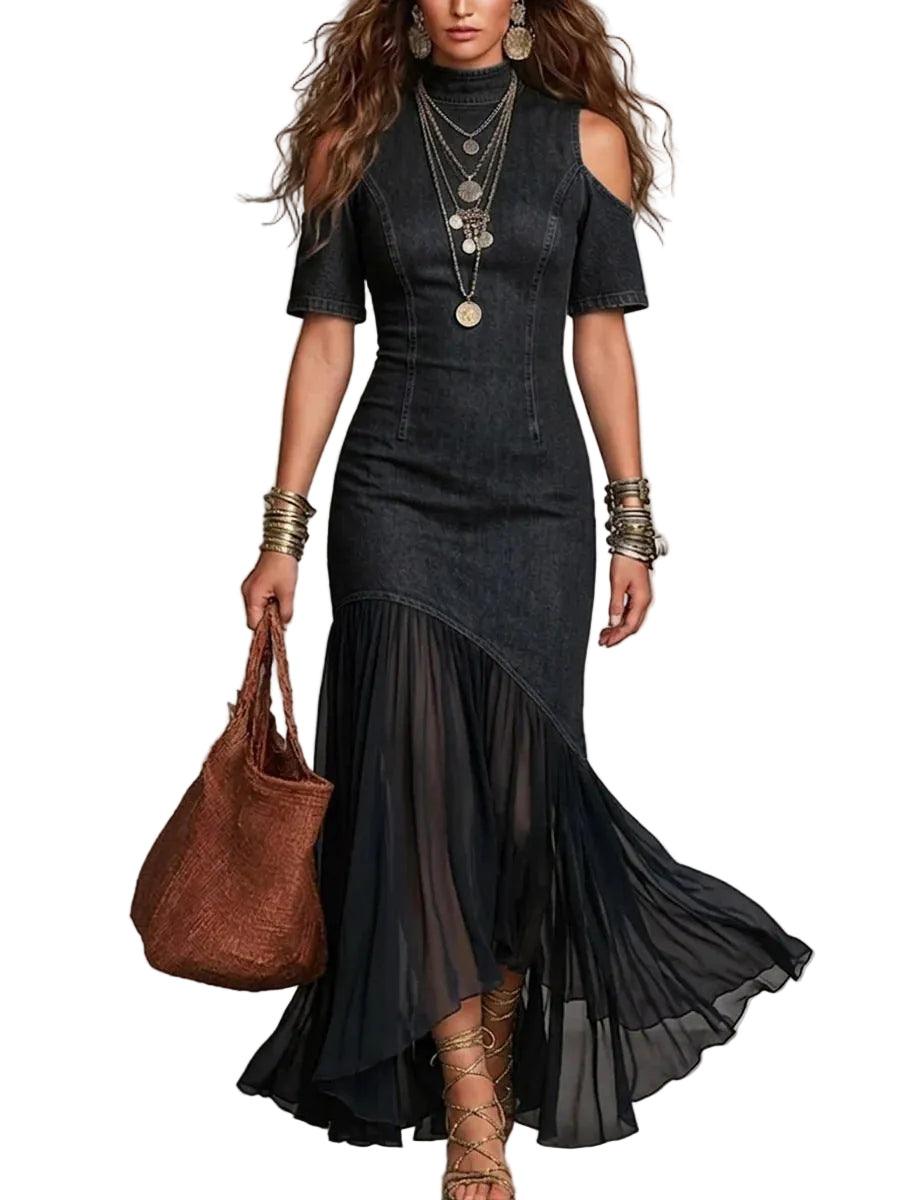 cold shoulder cutout denim dress flowing mesh hem midi length blue
