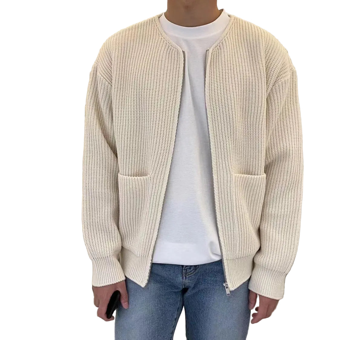 Men wearing beige zip-up knit cardigan with relaxed oversized fit, front view
