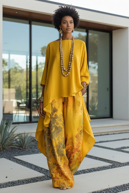 Women's relaxed fit solid  yellow sleeveless top and wide-leg pants co-ord