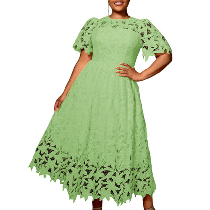 lace puff sleeve midi dress women for coktail celebration big size 
