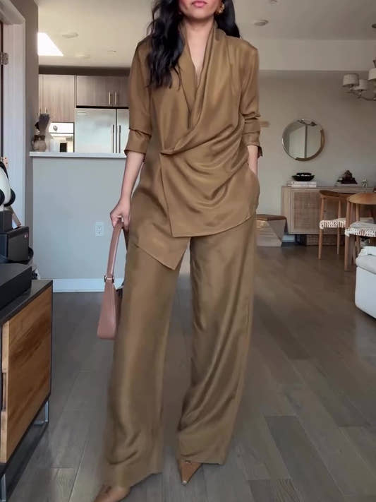 Satin Wrap Blouse & Wide-Leg Pants Set in Camel