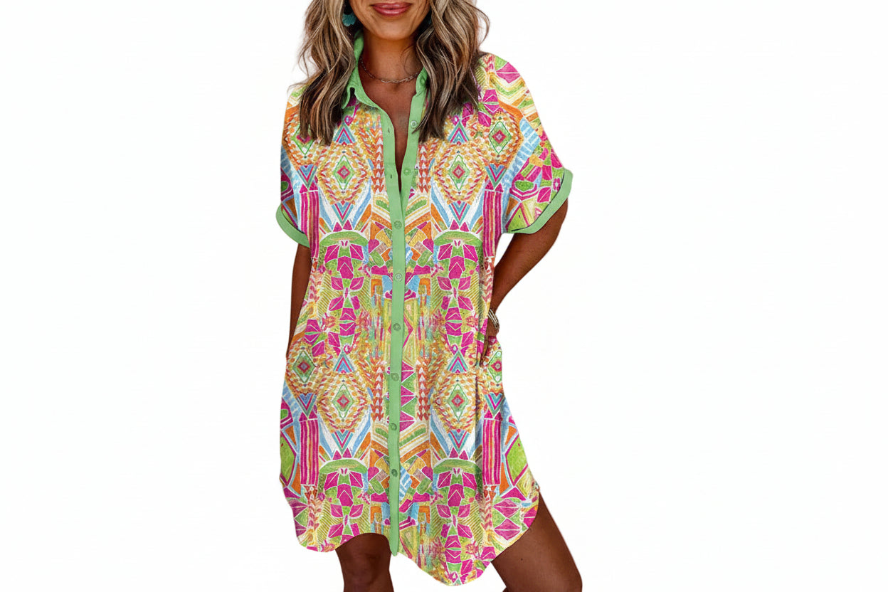 Woman wearing a colorful patterned dress 