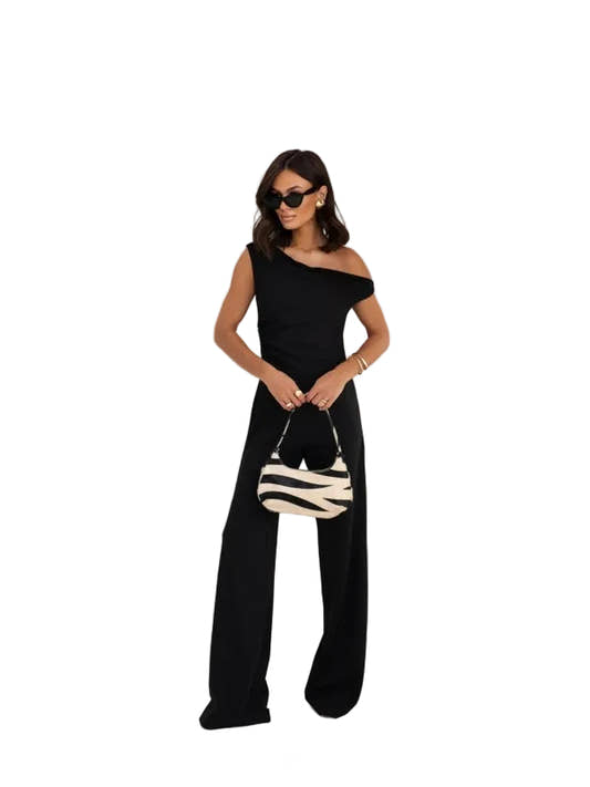 Women's high-waist falling strap jumpsuit with straight leg pants in black – elegant business romper
