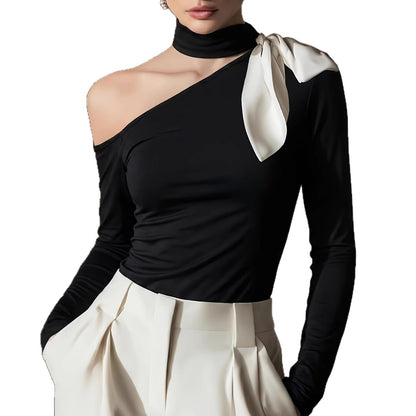 One-Shoulder Scarf Neck Top