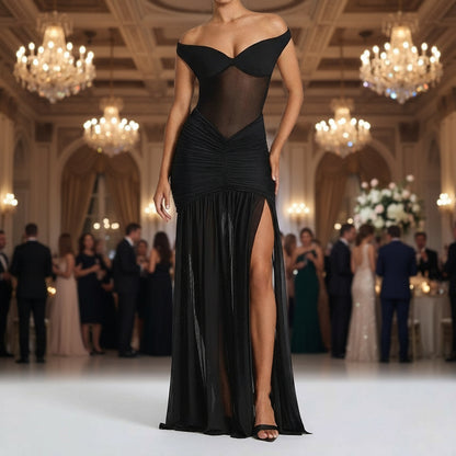 Black off-shoulder evening gown with a high slit 