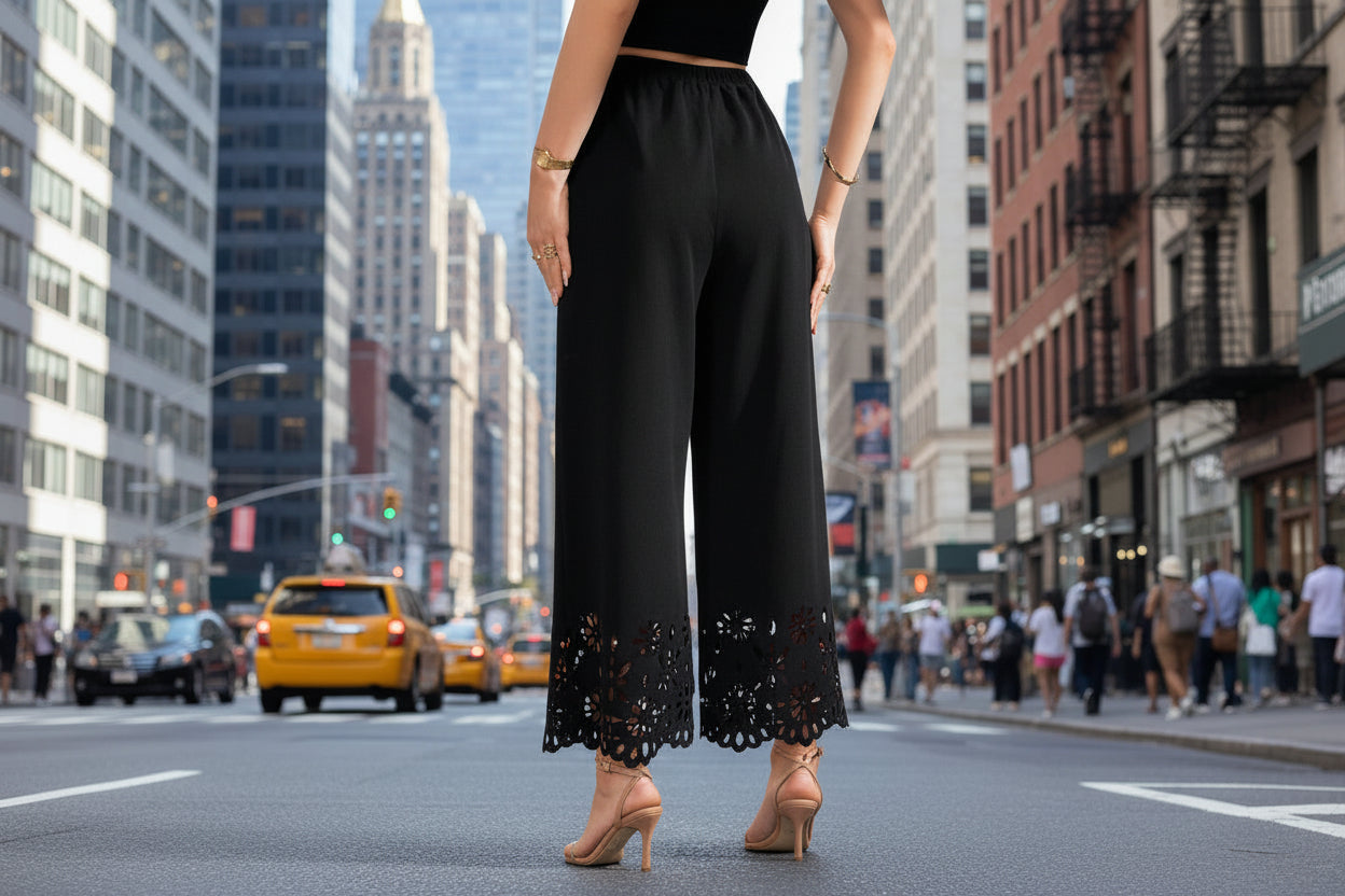 High waist wide leg black trousers women burnout lace 3D pattern

