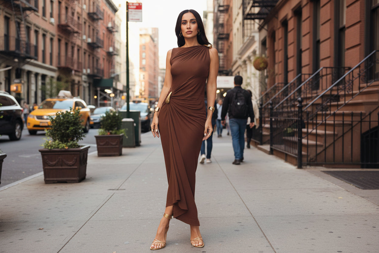 Brown  ruched asymmetric maxi dress - sleeveless fitted dress with side gathering for wedding guest

